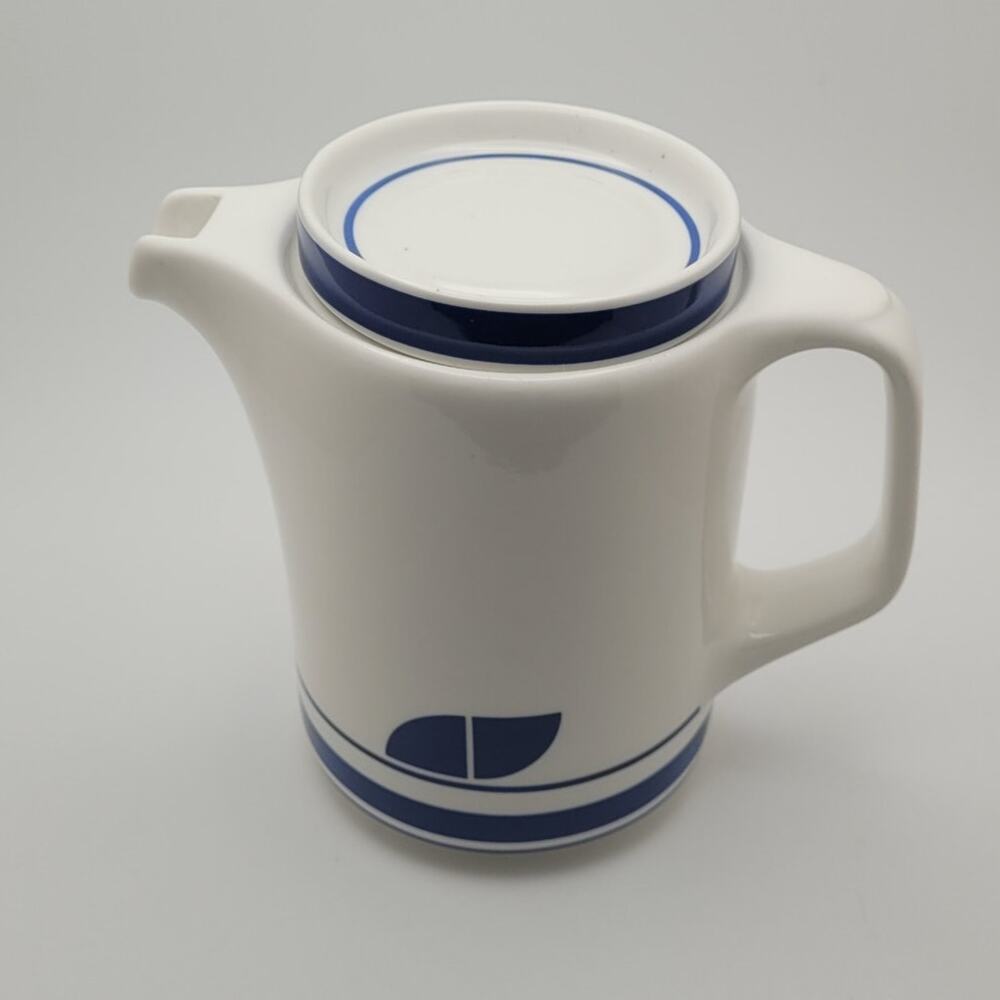 VTG Eurotel White Blue Coffee Pot Teapot Made in Mexico Retro Kitchen Minimalist